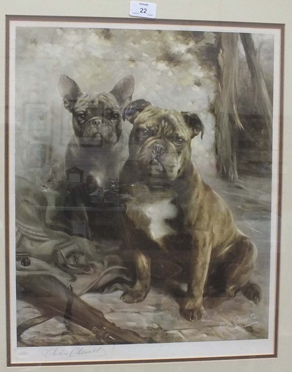 After Lilian Cheviot, "Study of Two Bulldogs with Military Uniform and Rifle in Foreground",