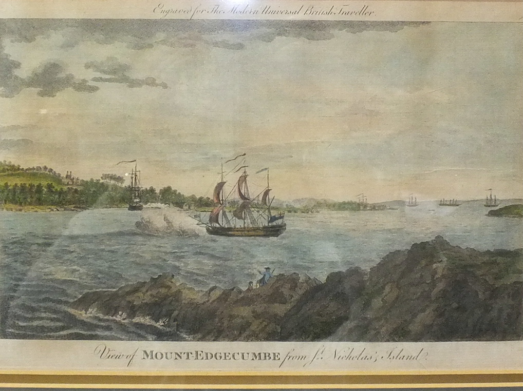 Two framed coloured engravings for The Modern Universal British Traveller, 'View of Mount Edgcumbe