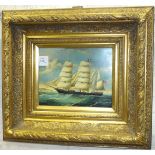 A reproduction oil painting on panel of a Three-masted barque off a coastline', 19 x 24cm, bears