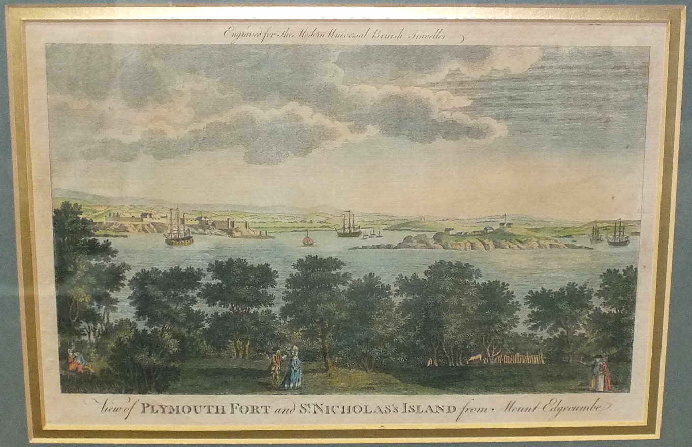 Two framed coloured engravings for The Modern Universal British Traveller, 'View of Mount Edgcumbe - Image 2 of 6
