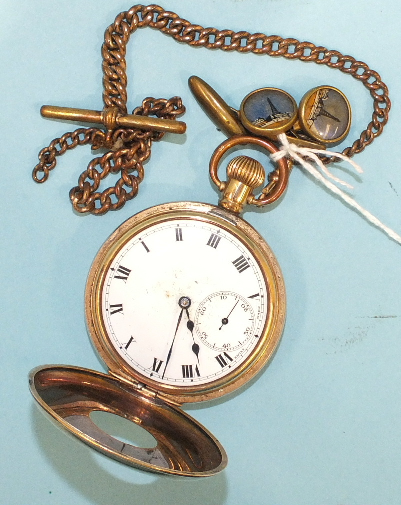 A keyless half-hunter pocket watch by Ruler with gold-plated case, on plated chain and a pair of