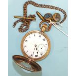 A keyless half-hunter pocket watch by Ruler with gold-plated case, on plated chain and a pair of