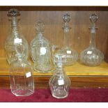 A Victorian hexagonal flask decanter with cut shoulders, 26cm high, a pair of cut Port or Sherry