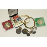 A 9ct gold signet ring, 3g, a gold-plated hinged bangle, various coins and other items.