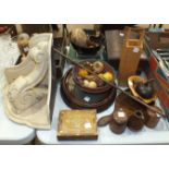 A stained hardwood box, 32cm, a painted hardwood corner wall bracket and other wooden items.