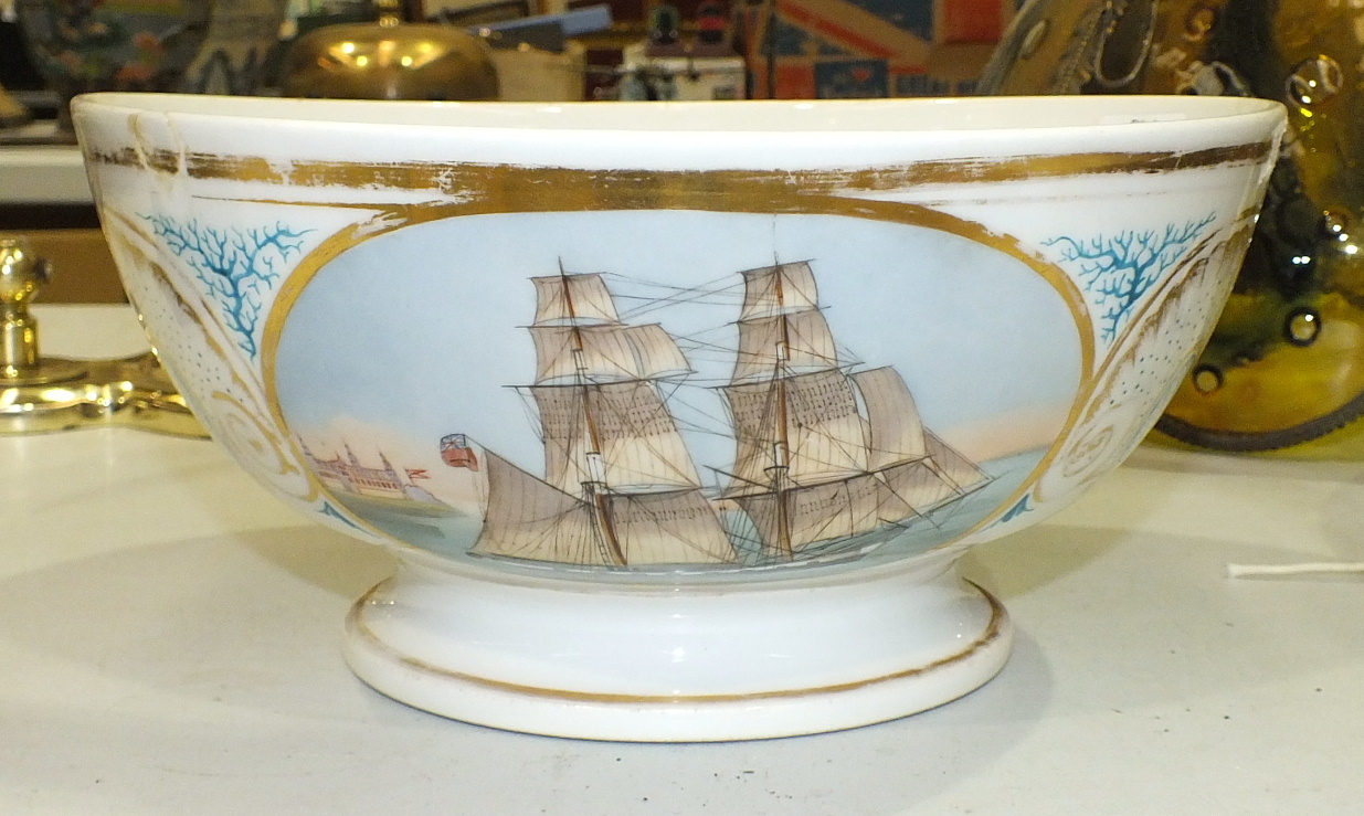 A Danish Elsinor bowl, the exterior having hand-painted oval panel of a Brigantine painted in