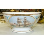 A Danish Elsinor bowl, the exterior having hand-painted oval panel of a Brigantine painted in