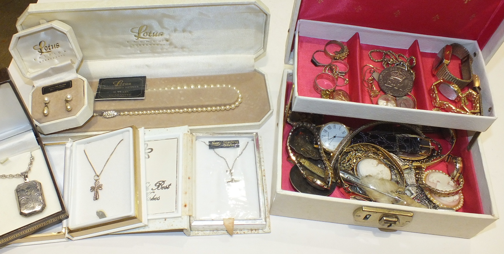 A ladies 9ct-gold-cased wrist watch, (a/f), a gold-plated hinged bangle and a quantity of costume