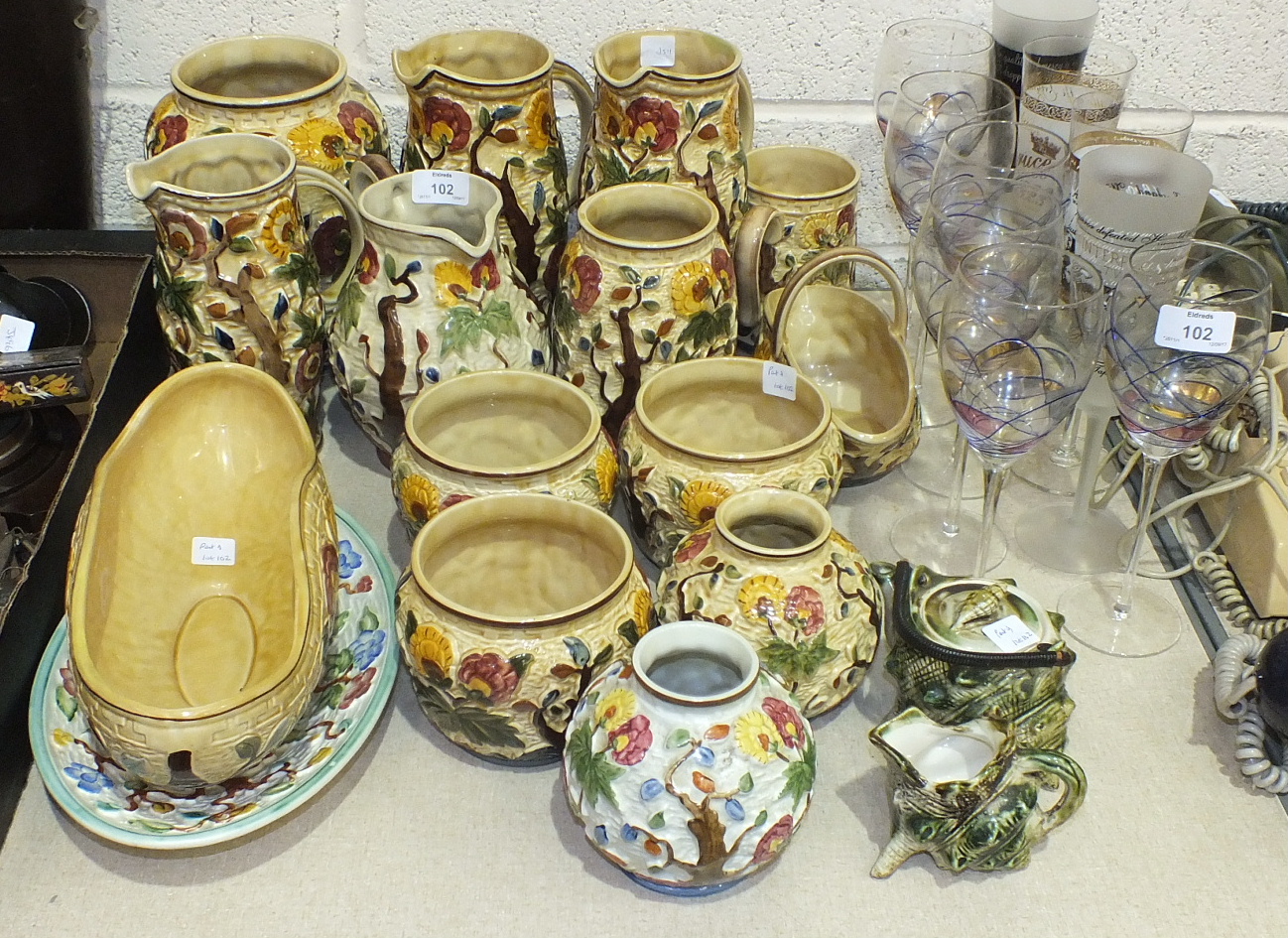 Fifteen pieces of H J Wood 'Indian Tree' ware, including vases, jugs, jardinières, various wine