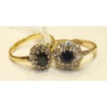 A sapphire and 8/8-cut diamond cluster ring in 18ct gold mount and a 9ct-gold-mounted cluster ring