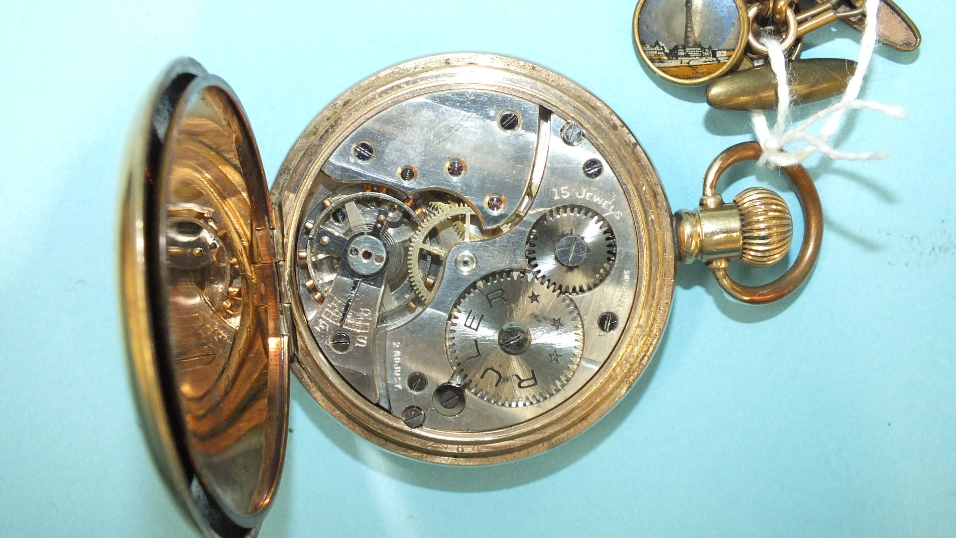 A keyless half-hunter pocket watch by Ruler with gold-plated case, on plated chain and a pair of - Image 2 of 2