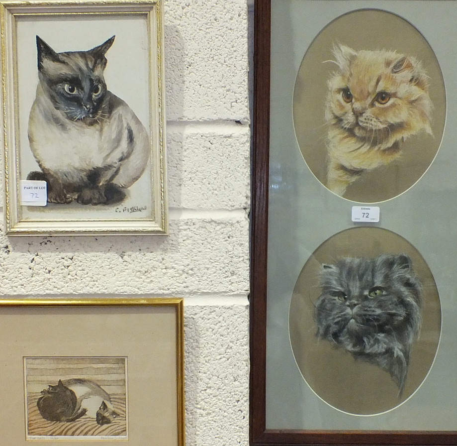 An unsigned study of two cats in watercolour and pastel, framed oval together, each 22 x 21cm, an
