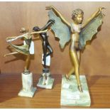 Three modern metal female dancing figures on onyx bases, tallest 27cm high, (3).