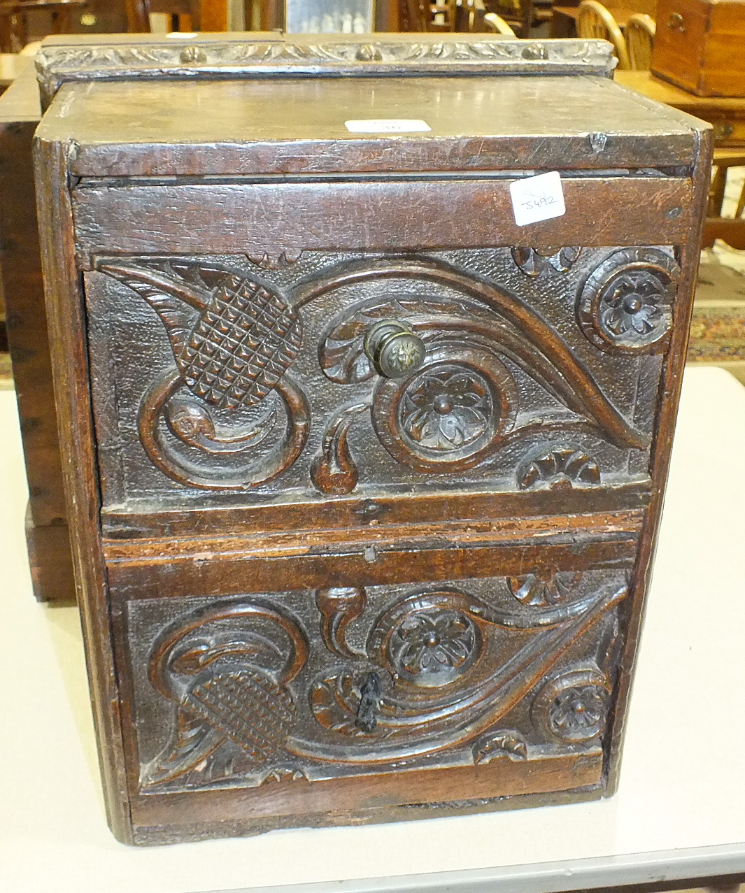 An antique oak chest of two drawers constructed from old timber, 43 x 33cm and a mahogany two-door