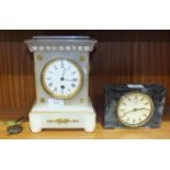 A white soapstone mantel clock, the brass movement stamped '3502', 24cm high and a Metamec quartz