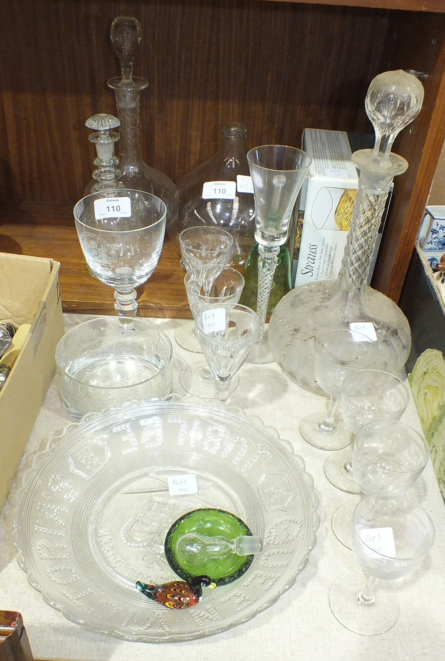 A Victorian glass fly catcher, 18cm high, three faceted wine glasses and other glass ware.