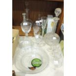 A Victorian glass fly catcher, 18cm high, three faceted wine glasses and other glass ware.