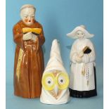 Three Royal Worcester porcelain candle snuffers, 'Owl', 'Nun or Abbess', 'Monk', all with black