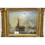 Unsigned oil on board, 'Figures on a fishing boat and other sailing boats', 20 x 24cm, in gilt