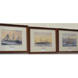 Four coloured prints after W Fred Mitchell of various warships and other pictures, prints, mirror
