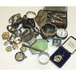 An enamelled silver snooker medal, cased, other silver medallions and brooches, various watches,