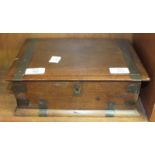 A Continental copper-bound hardwood box with interior hinged compartment, 28 x 21cm, 10cm high.