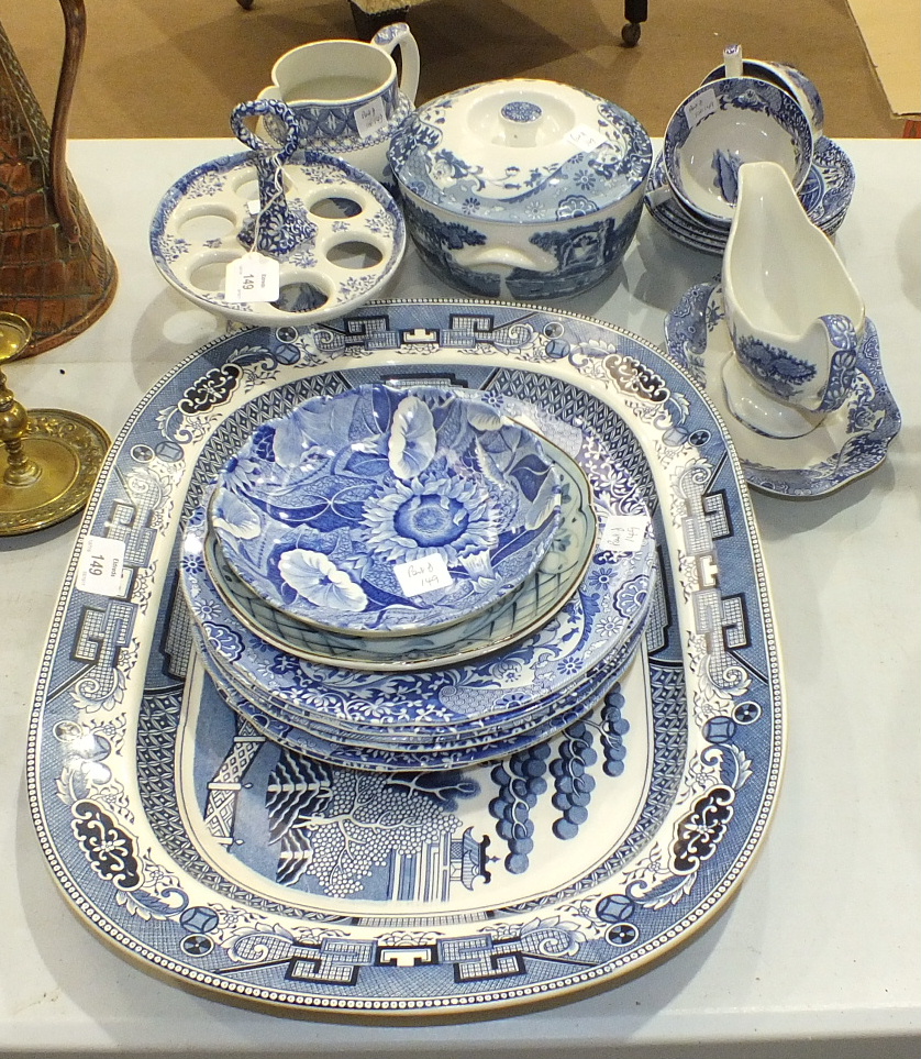 A blue and white willow pattern meat plate, 47 x 35.5cm and twenty pieces of Spode Italian decorated