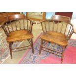 A pair of stained wood 'Captain's' armchairs with turned slats and wood seats, on turned legs, (2).
