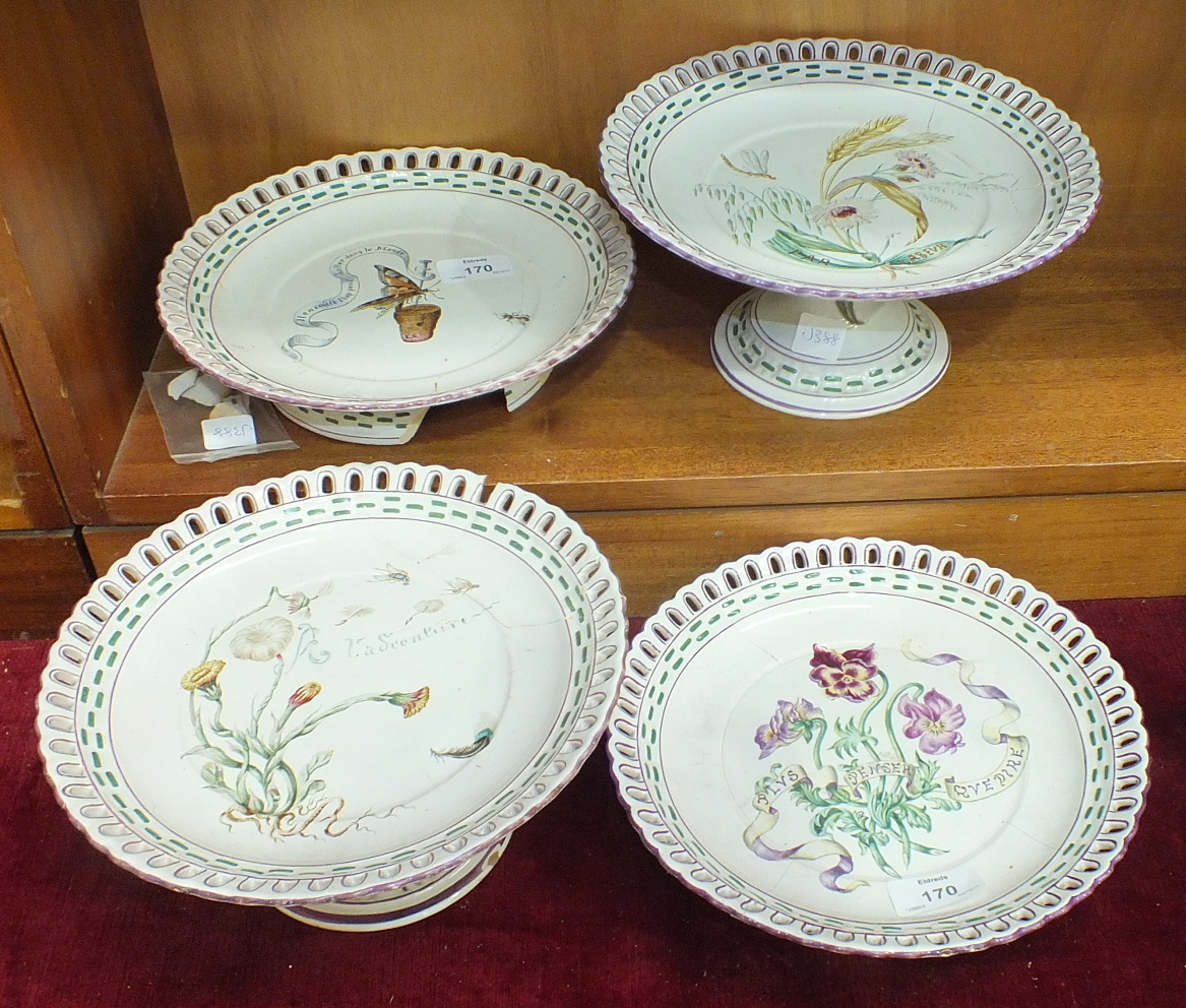 Four 19th century French porcelain tazzas, one decorated with a butterfly pinned to a cork with - Image 2 of 2