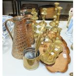 Five pairs of brass candlesticks, an Art Nouveau decorated copper oval tray, 47 x 24cm and other