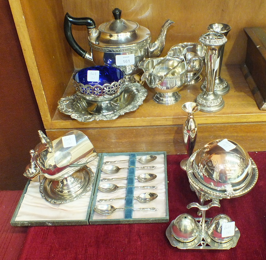 A Viners of Sheffield three-piece plated tea service, other plated ware and a pair of silver sugar