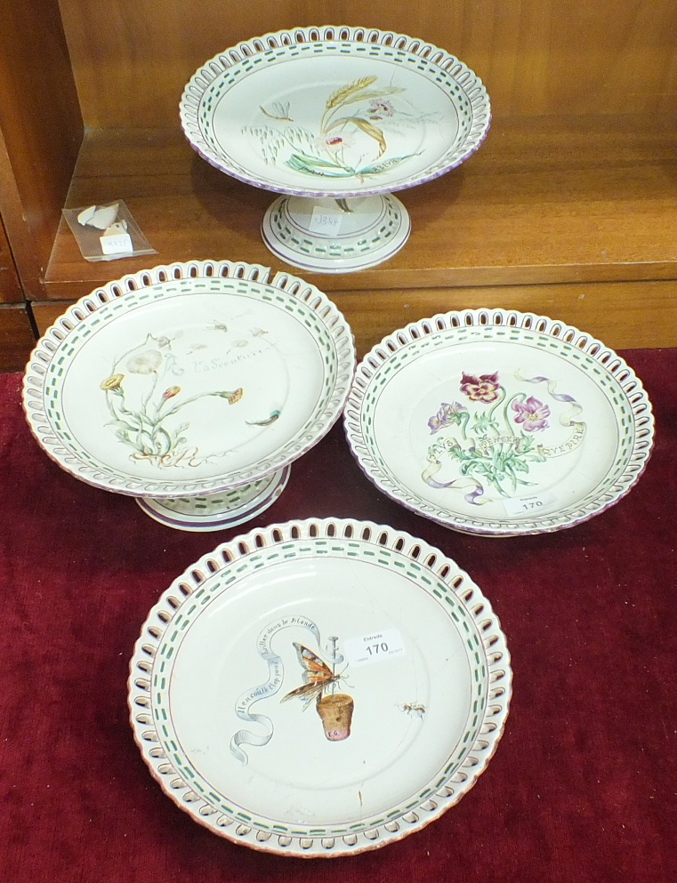 Four 19th century French porcelain tazzas, one decorated with a butterfly pinned to a cork with