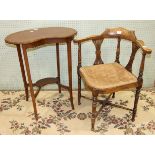 An Edwardian inlaid wood corner armchair with pierced slats and padded seat, on turned legs and an