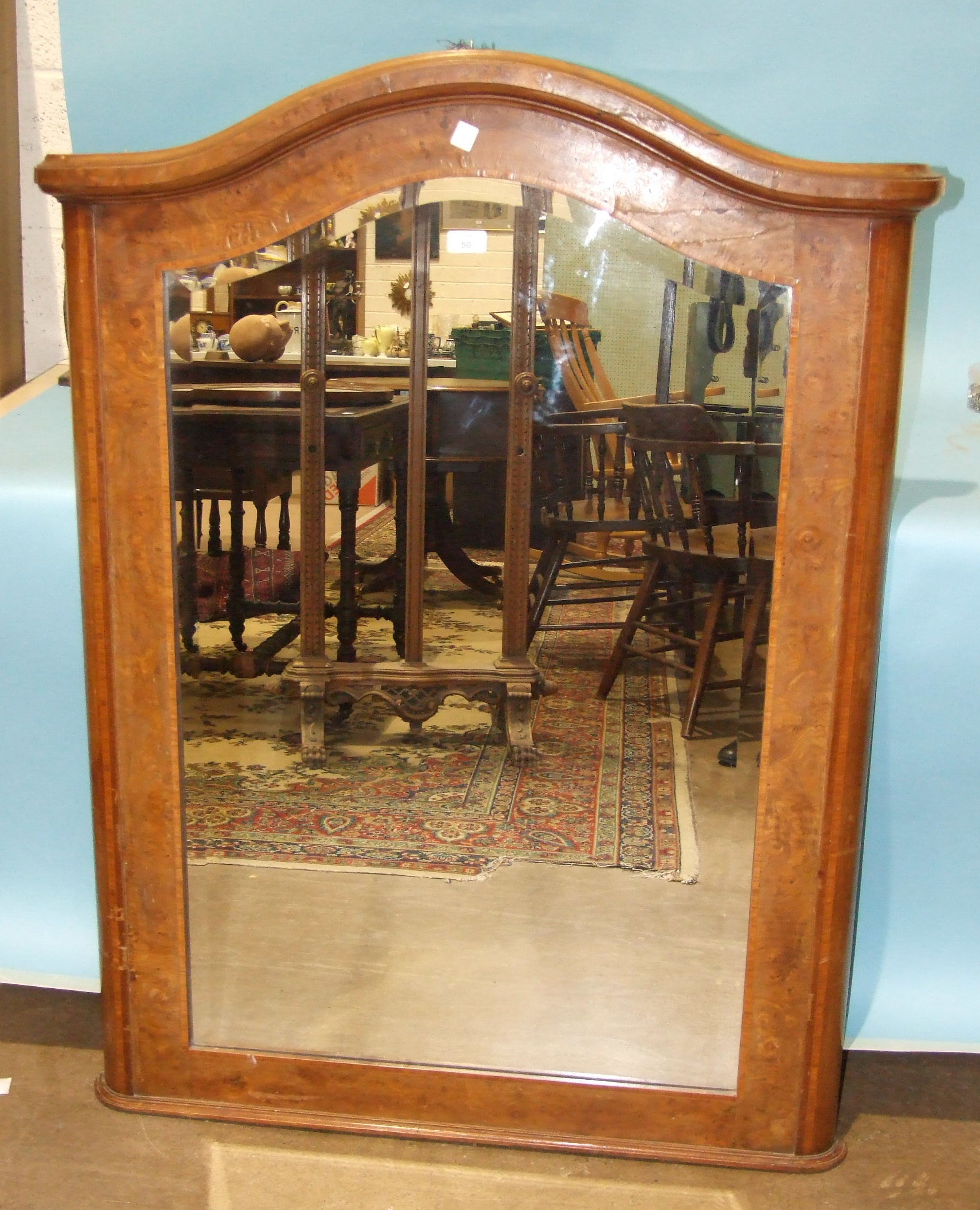 A 19th century French burr walnut cross-banded pier mirror, the arched corniced frame enclosing a - Image 4 of 4