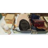 A leather-covered work box, leather purses, various clothing and miscellaneous items.