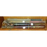 A Victorian wooden truncheon decorated with a crown over V R C, 47cm, one other small truncheon,