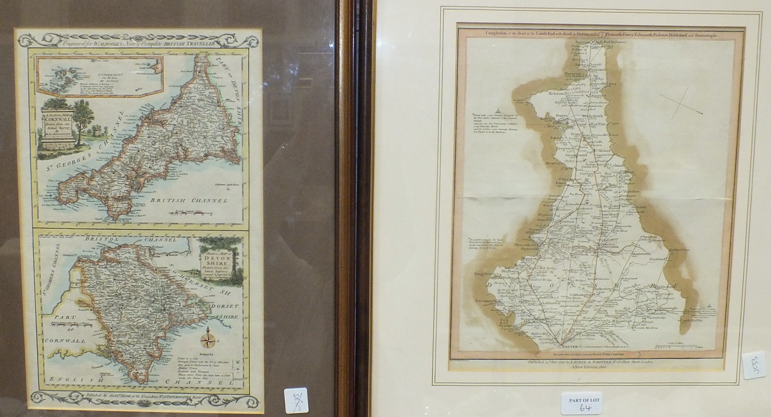 A framed map bookplate 'Cornwall and Devonshire', pub. Alex Hogg for Walpolle's Bristol Traveller,
