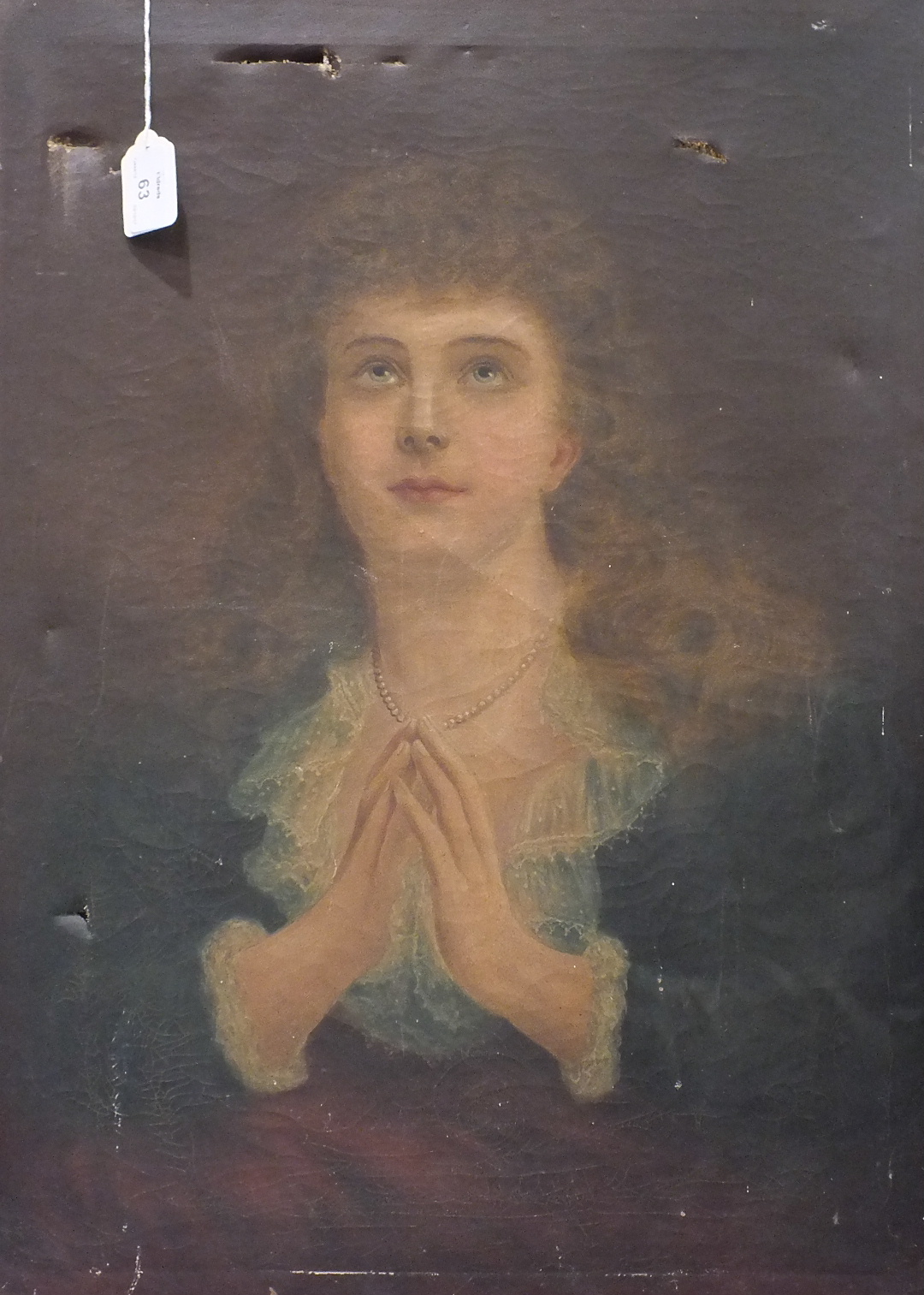 E Wheatley Baker, Portrait of a Young Girl, hands together, as in prayer, wearing a pearl necklace
