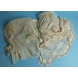 A Honiton-lace-edged long net scarf, a Maltese-lace-edged silk shawl, a length of tambour-lace-edged