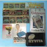 Three tin advertising signs for tea, 9.5 x 34cm (2) and 8 x 29cm, a "Ridgeways 5 O'clock Tea"