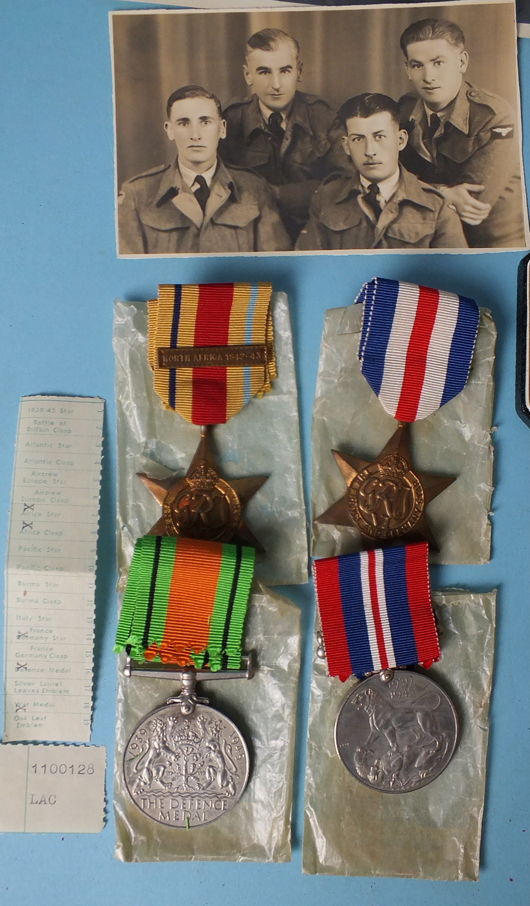 A WWII group of four medals awarded to Eric Biddle RAF: Africa Star with North Africa 1942-43 clasp,