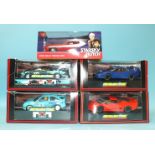 Five modern Scalextric cars by Hornby Hobbies Ltd, all boxed.