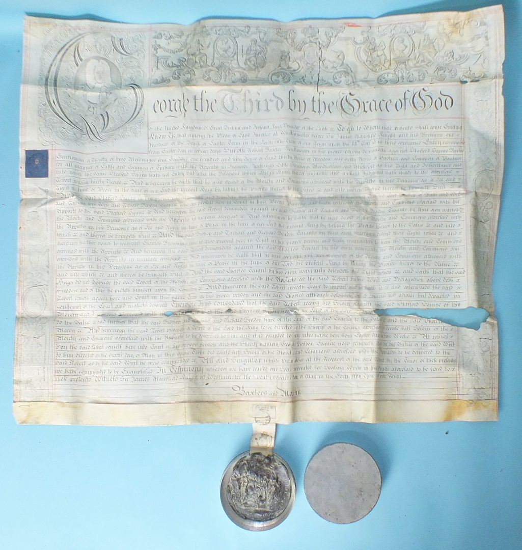 Three George III recovery documents, vellum, each with engraved portrait of the king in decorated - Image 2 of 4