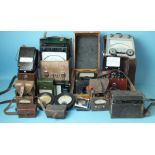 A GPO Multi-Range Meter in wooden case, other volt meters in leather GPO cases and other items.