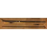 A Burroughes & Watts Ltd Billiard cue "The Eureka Cue", 148cm long, 17oz, in metal case and another,