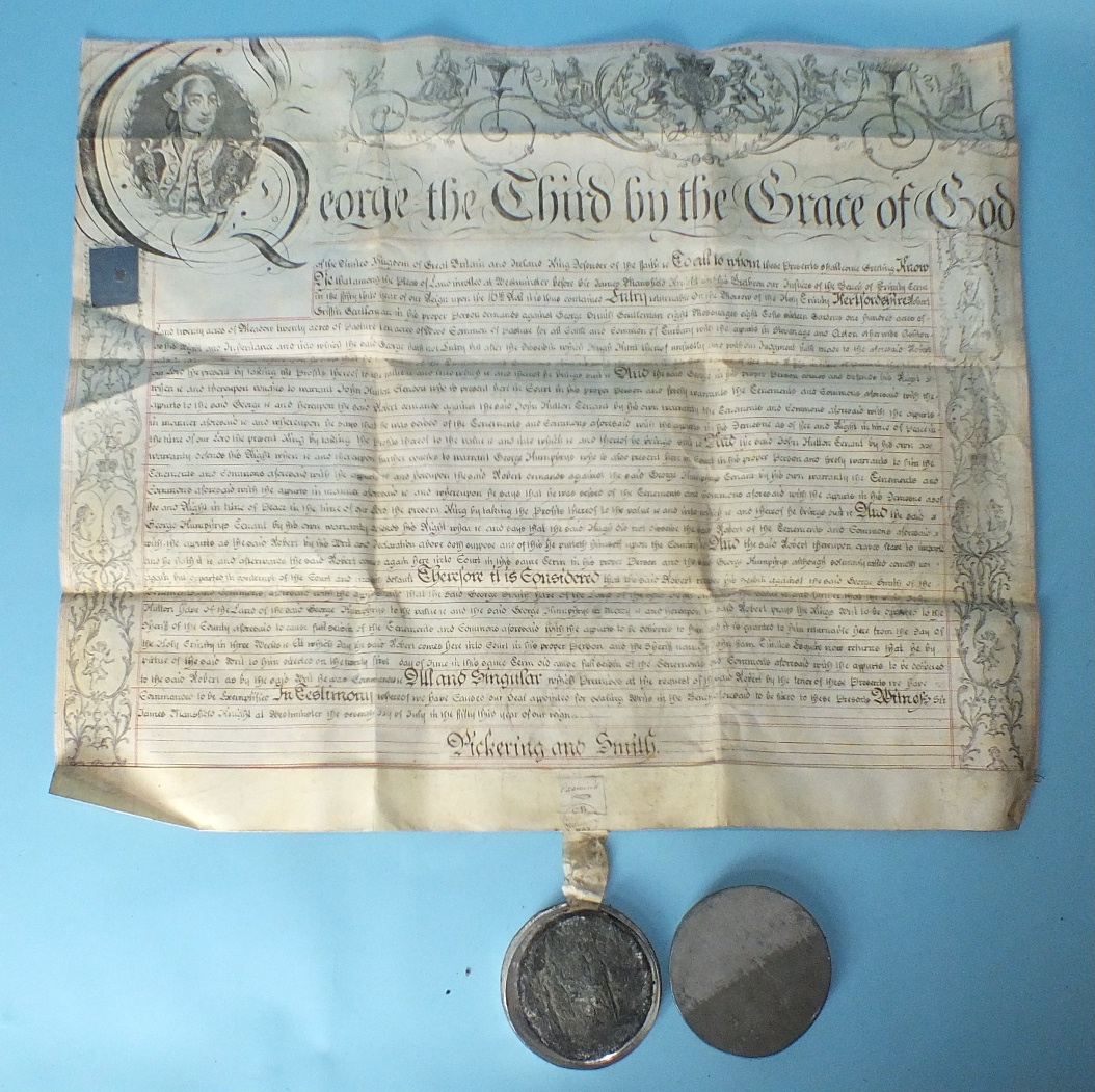 Three George III recovery documents, vellum, each with engraved portrait of the king in decorated - Image 4 of 4