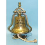 A bracket-mounted bronze ship's bell, 'HMS Sancroft 1944', on shaped bracket, 30cm high, bell