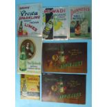 Seven tin advertising signs including two "Carmichaels Apple Juice", 21.5 x 32cm and "Purnell's