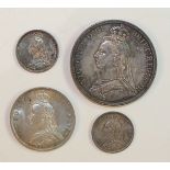 A Victoria 1887 crown, 1887 florin and two 1887 sixpences, (4).