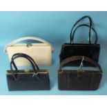 A vintage crocodile skin handbag, a black patent leather handbag and two other handbags by Ackery of